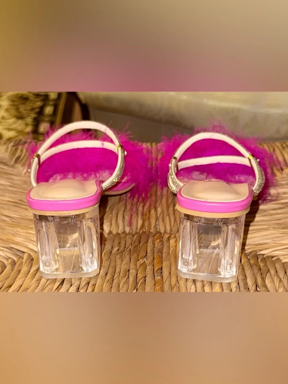 Pre-Loved Hot Pink Feather Slide Mules with Glitter Straps - Picture 4 of 6